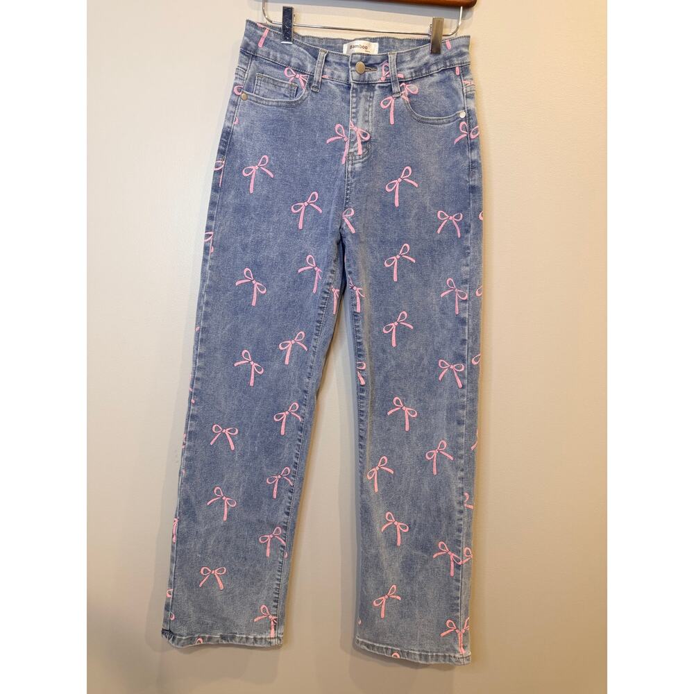Bamboo Jeans Pink Bow Print Denim Jeans Light Wash - Juniors/Women's Size 7